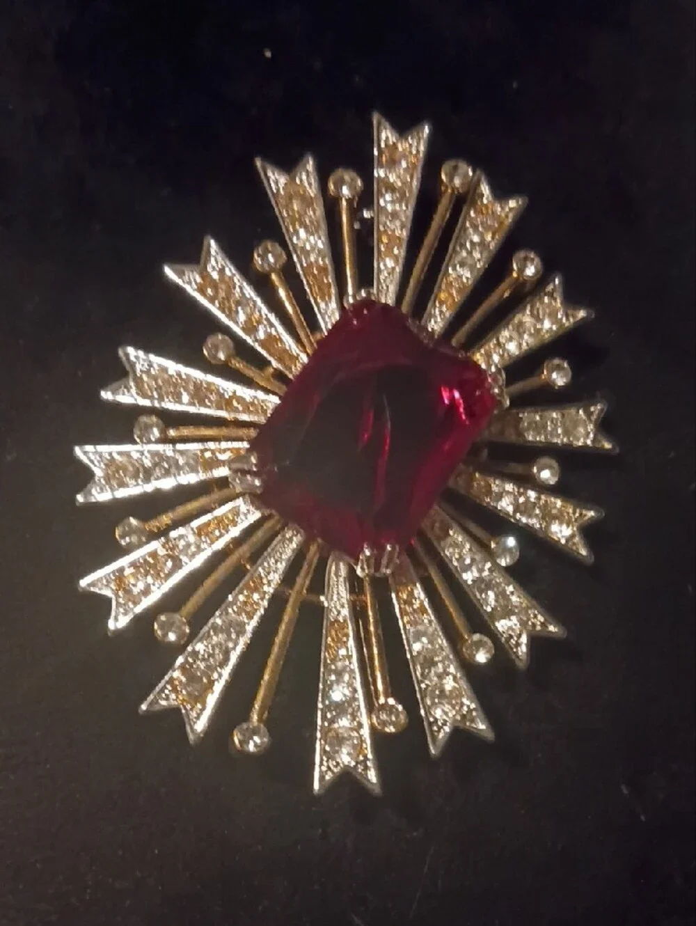 VTG KJL Ruby Red Starburst Brooch Atomic Rhinestone Statement Pin
